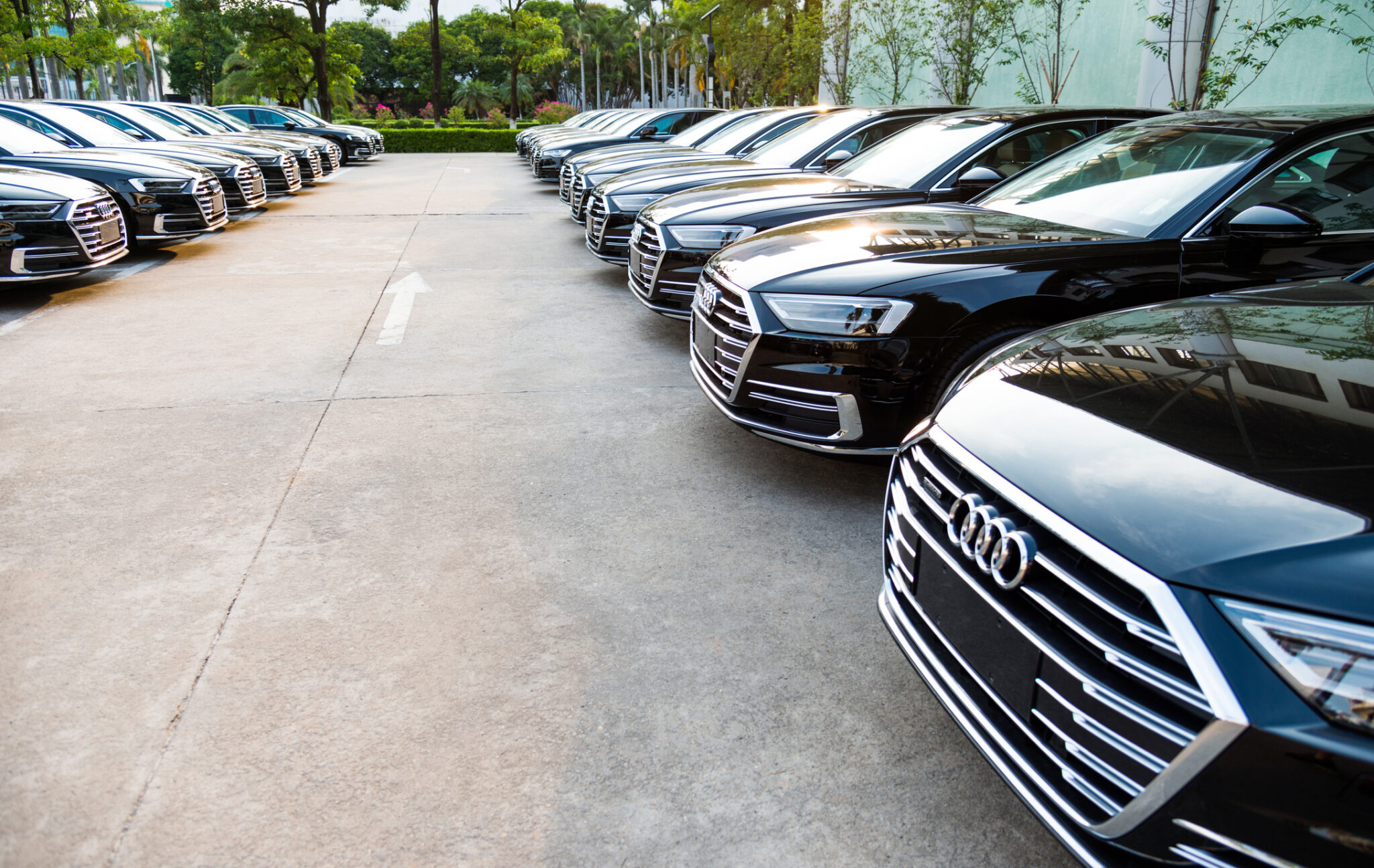 Fujian, China - September, 4th, 2018: The Audi A8 limousines stopped on the parking on the show. These vehicles are the ones of most luxury limousines in the world.